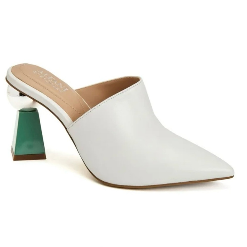 Alfani Junnee Leather Pointed Toe Mules with Green and Silver Accents